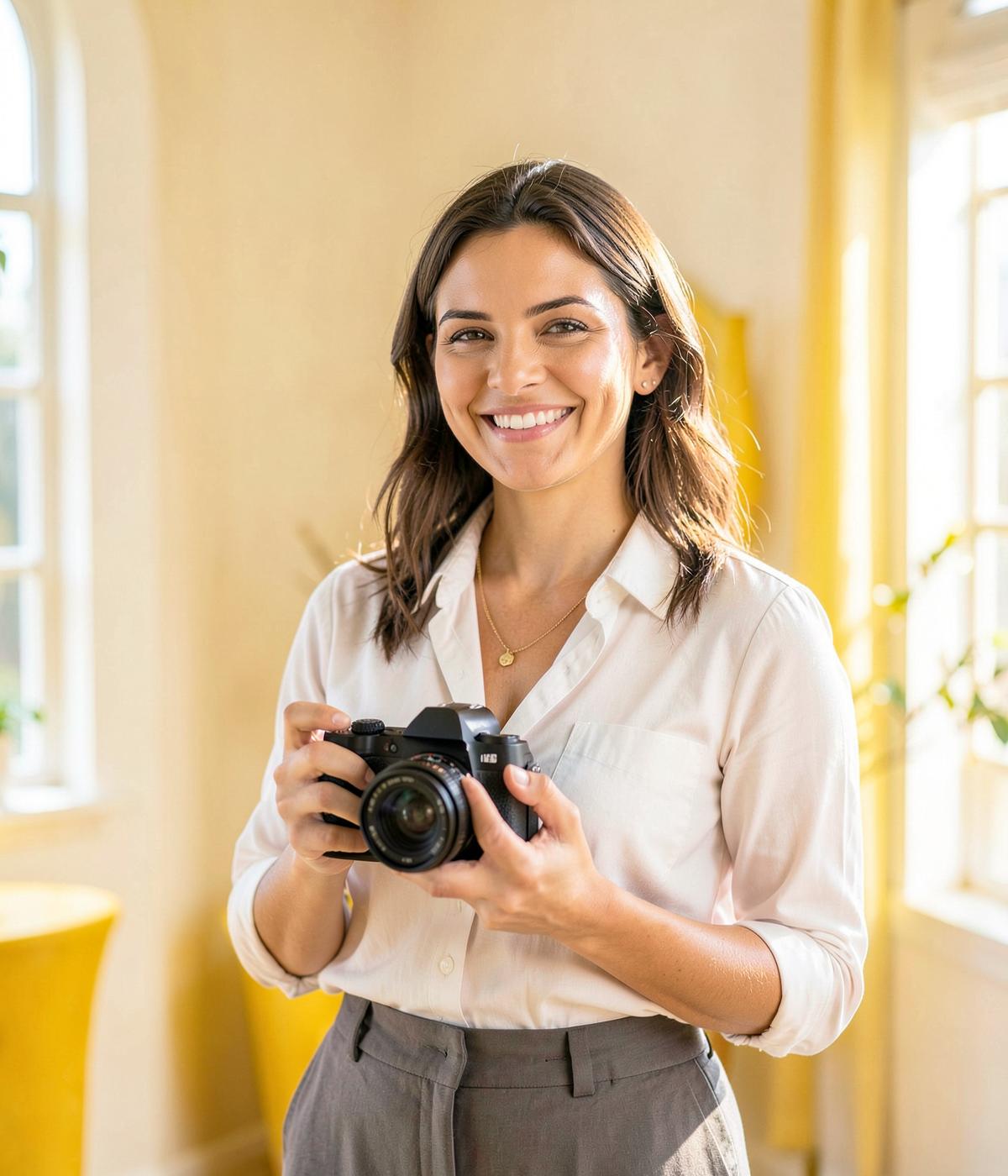 Photographer smiling in a sunlit studio